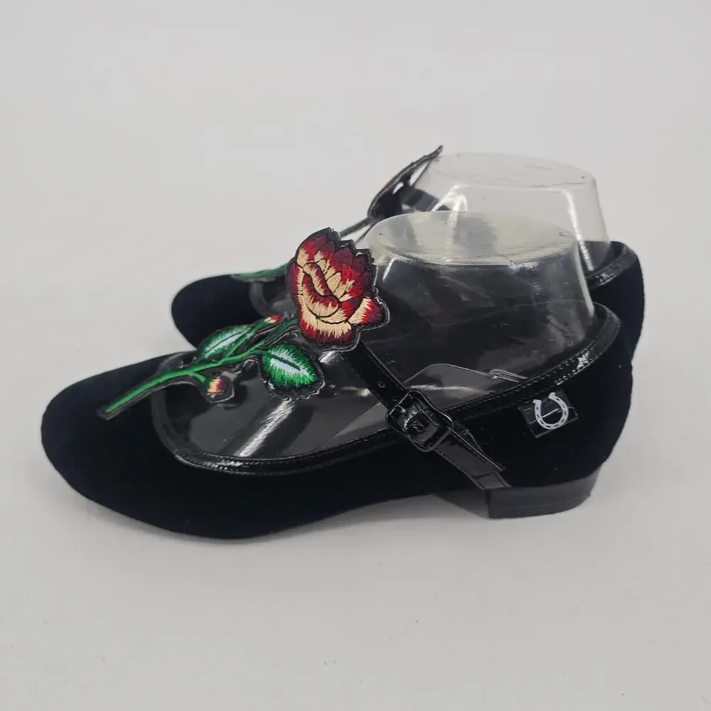 Miss L Fire Black Velvet Floral Embroidered Mary Jane Flats Ballet Shoe 37 6.5